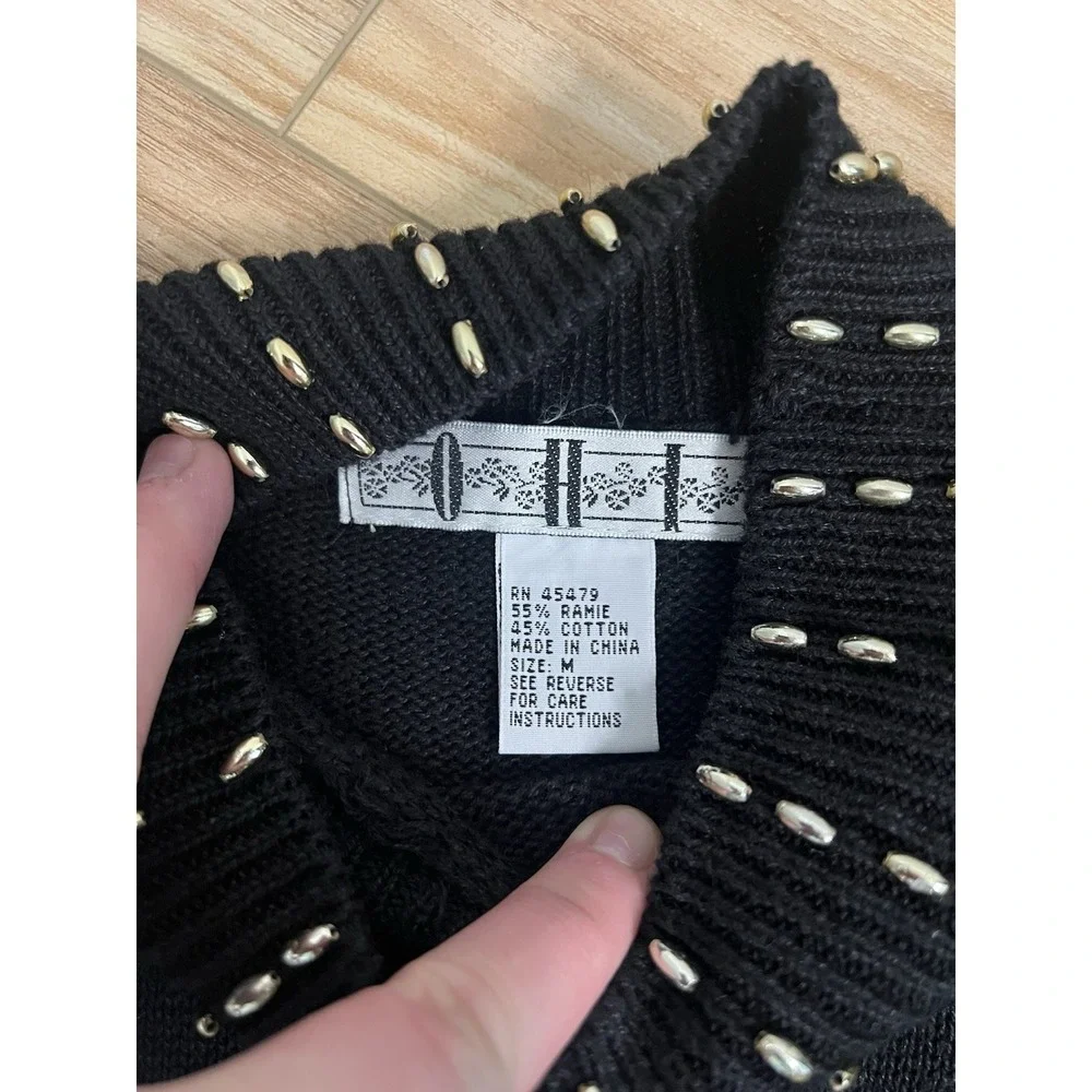 VTG Wm Med OHI Gold Embroidered Gem Jewel Black Sweater Mock Eclectic 90s 00 Y2K